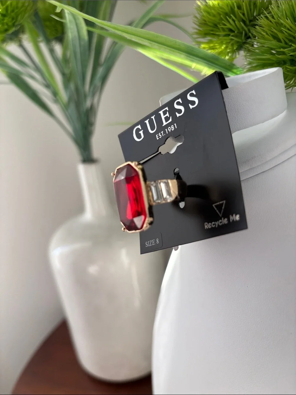 Guess Large Beveled rectangle red gemstone,clear baguette stones sides Goldtone